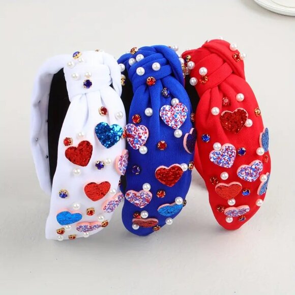 Red Heart & Faux Pearls Patriotic Headband - Picture 2 of 3